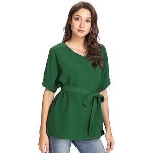 Women’s XL Green V Neck Short Sleeve Self Tie Blouse Tunic Top